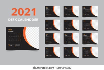 Desk calendar design 2021 template Set of 12 Months, Week starts Monday, Stationery design, calendar planner
