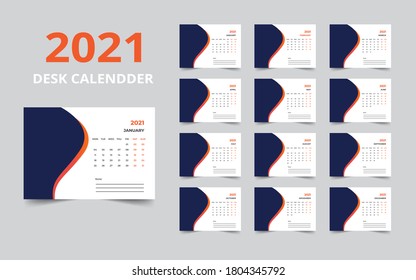 Desk calendar design 2021 template Set of 12 Months, Week starts Monday, Stationery design, calendar planner
