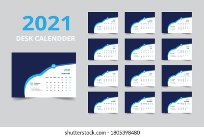 Desk calendar design 2021 template Set of 12 Months, Week starts Monday, Stationery design, calendar planner
