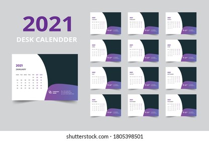 Diseño de calendario de escritorio Plantilla 2021 Juego de 12 meses, La semana comienza el lunes, Diseño de diseño de diseño de plantillas, planificador de calendario
