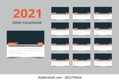 Desk calendar design 2021 template Set of 12 Months, Week starts Monday, Stationery design, calendar planner