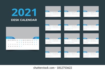 Desk calendar design 2021 template Set of 12 Months, Week starts Monday, Stationery design, calendar planner