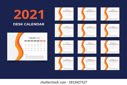 Desk calendar design 2021 template Set of 12 Months, Week starts Monday, Stationery design, calendar planner