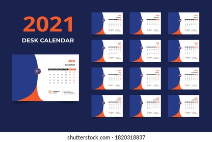 Desk calendar design 2021 template Set of 12 Months, Week starts Monday, Stationery design, calendar planner
