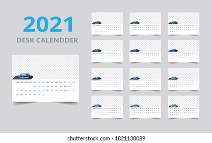 Diseño de calendario de escritorio Plantilla 2021 Conjunto de 12 meses, la semana comienza el lunes