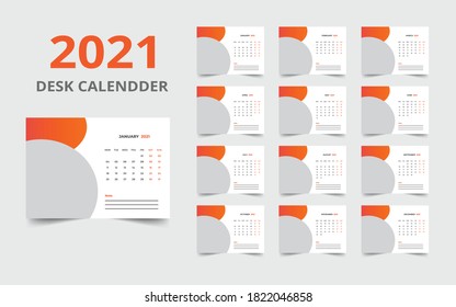 Desk calendar design 2021 template Set of 12 Months, Week starts Monday, Stationery design, calendar planner