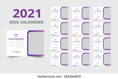 Desk calendar design 2021 template Set of 12 Months, Week starts Monday, Stationery design, calendar planner