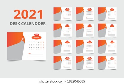 Desk calendar design 2021 template Set of 12 Months, Week starts Monday, Stationery design, calendar planner