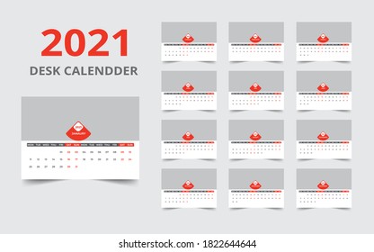 Diseño de calendario de escritorio Plantilla 2021 Juego de 12 meses, La semana comienza el lunes, Diseño de diseño de diseño de plantillas, planificador de calendario
