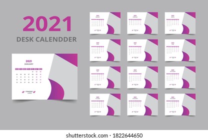 Diseño de calendario de escritorio Plantilla 2021 Juego de 12 meses, La semana comienza el lunes, Diseño de diseño de diseño de plantillas, planificador de calendario

