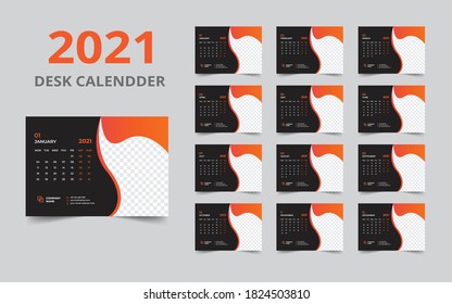 Desk calendar design 2021 template Set of 12 Months, Week starts Monday, Stationery design, calendar planner
