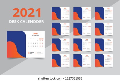 Desk calendar design 2021 template Set of 12 Months, Week starts Monday, Stationery design, calendar planner
