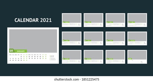 Desk calendar design 2021 template Set of 12 Months, Week starts Monday