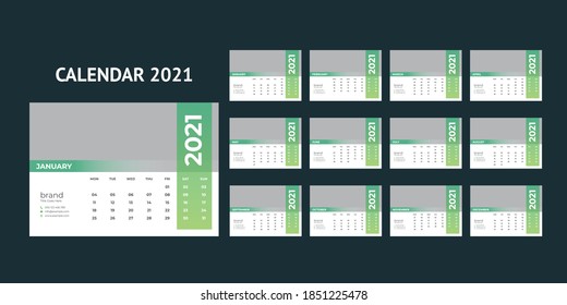 Schreibtisch Kalender Design 2021 Vorlage Set von 12 Monaten, Woche beginnt Montag