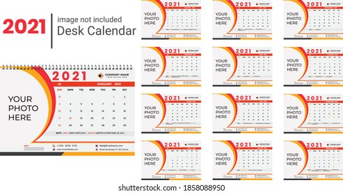 Desk Calendar Design 2021 Template Set von 12 Monaten, Woche beginnt Frayday, Schreibtischdesign, Kalender-Designer und Grafikdesigner