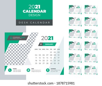 Desk calendar design 2021 template Set of 12 Months, Week starts Monday, Stationery design, calendar planner
