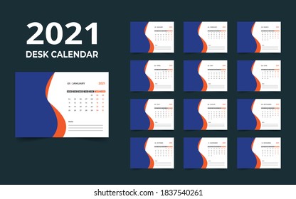 Desk calendar design 2021 template.Week start Monday
