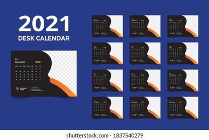 Desk calendar design 2021 template.Week start Monday