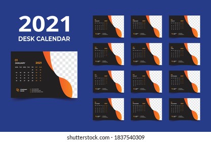 Desk calendar design 2021 template.Week start Monday