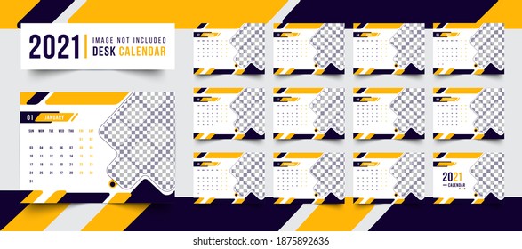 Desk calendar design 2021 with yellow and Navy blue colour shapes