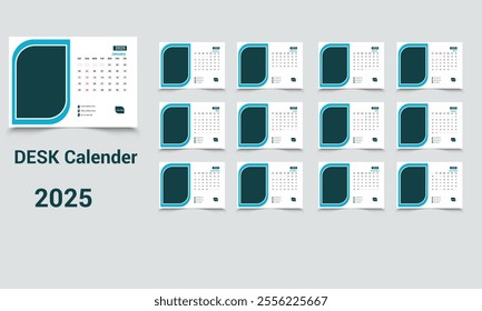 Desk calendar design for 2025, 12 page desk calendar design, Monthly planner design in corporate and business style.