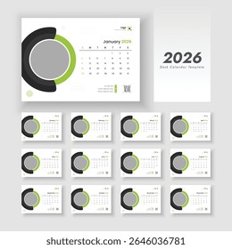 Projeto de calendário de mesa para 2026 ano, calendário corporativo e de negócios, A semana começa no domingo, projeto de calendário de mesa de 12 páginas.