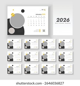 Desk calendar design for 2026 year, Corporate and business calendar, The week starts on Sunday.