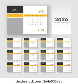 Projeto de calendário de mesa para 2026 ano, calendário corporativo e de negócios, projeto de calendário de mesa de 12 páginas, A semana começa no domingo.