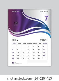 Desk Calendar Design, JULY 2020 Year Template, Calendar 2020 Vector, Week Start On Sunday, Planner, Stationery, Printing, vertical artwork
