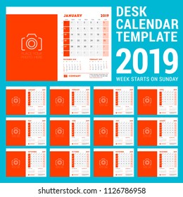 Desk Calendar design template for 2019 year. Week starts on Sunday. Three months on page. Vector illustration