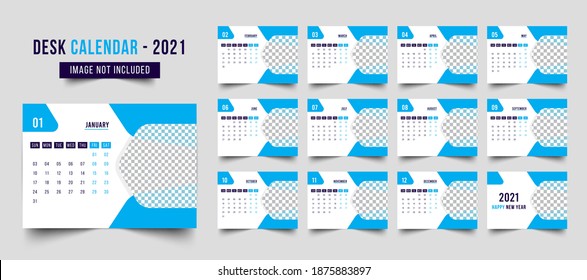 Desk calendar design template 2021. Planner diary in a minimalist style. 2021 Monthly calendar ready for print. Blue colour clean desk calendar design.