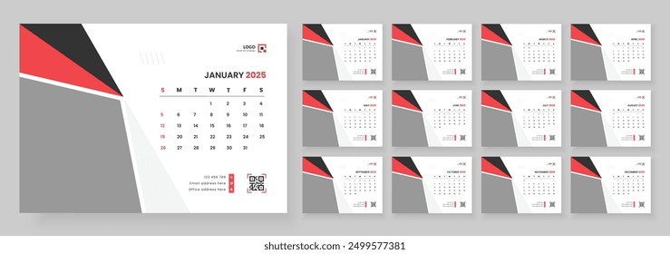 Desk calendar design template 2025, Monthly planner design in corporate and business style, Week start on Sunday