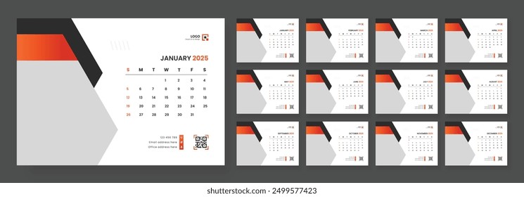 Desk calendar design template 2025, Monthly planner design in corporate and business style, Week start on Sunday