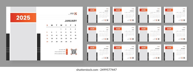 Desk calendar design template 2025, Monthly planner design in corporate and business style, Week start on Sunday