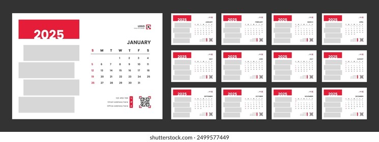 Desk calendar design template 2025, Monthly planner design in corporate and business style, Week start on Sunday