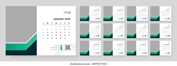 Desk calendar design template 2025, Monthly planner design in corporate and business style, Week start on Sunday