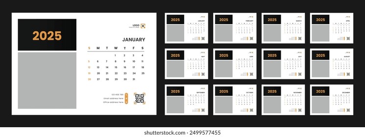 Desk calendar design template 2025, Monthly planner design in corporate and business style, Week start on Sunday