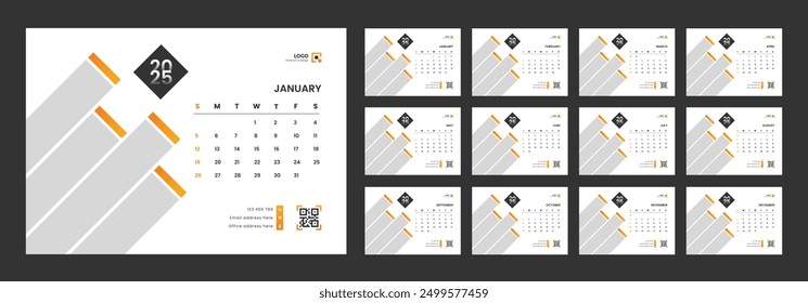 Desk calendar design template 2025, Monthly planner design in corporate and business style, Week start on Sunday