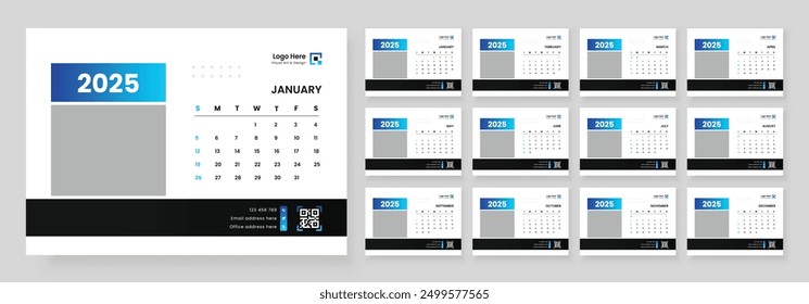 Desk calendar design template 2025, Monthly planner design in corporate and business style, Week start on Sunday