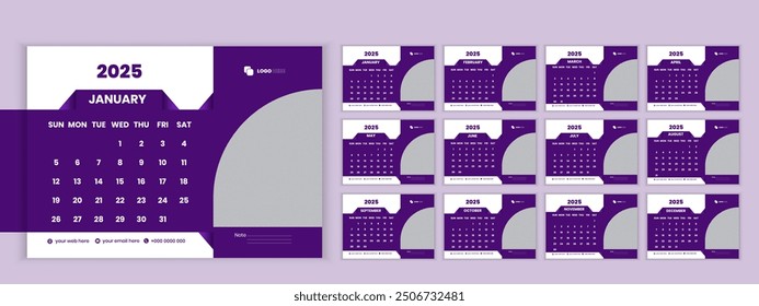Desk calendar design template for 2025 simple, clean, and elegant design, Vector Template. Days start from Sunday