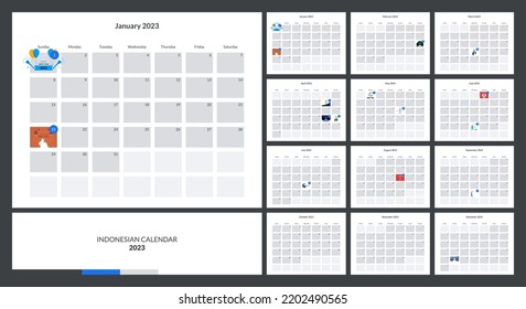 Desk Calendar Design Template With Indonesian Public Holiday Illustration, 2023 Calendar