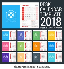 Desk Calendar Design Templatefor 2018 Year. Place for Photo. Week starts on Sunday. Vector Illustration