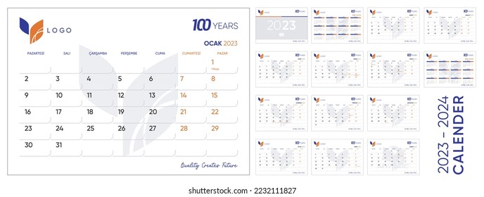 Desk Kalender Design für das Jahr 2023 in sauberem und minimalem Stil. Vorlage für Corporate Design-Planer. 12-monatiges Set. Bereit für den Druck.