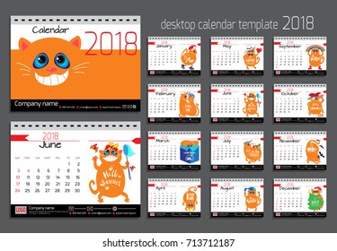 Desk calendar with funny cats for 2018 year.  Vector design template with motivational quotes. Set of 12 months. 