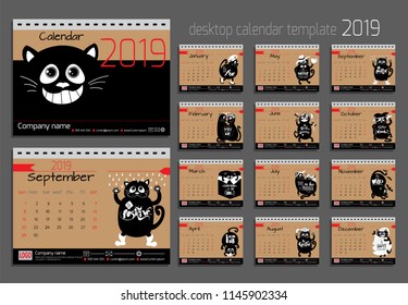 Desk calendar with funny cats for 2019 year.  Vector design template with motivational quotes. Set of 12 months. 