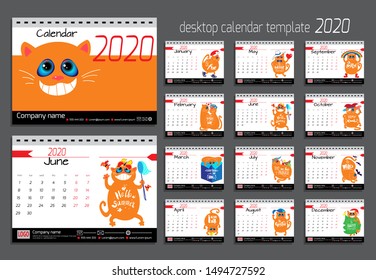 Desk calendar with funny cats for 2020 year.  Vector design template with motivational quotes. Set of 12 months. 