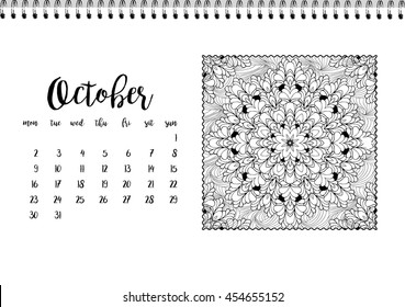 Desk calendar horizontal template 2017 for month October. Week starts Monday