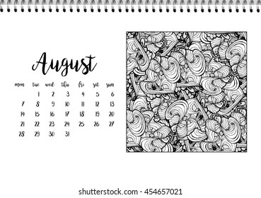 Desk calendar horizontal template 2017 for month August. Week starts Monday