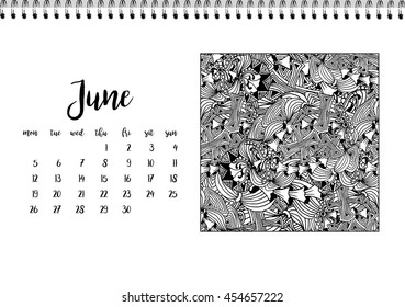 Desk calendar horizontal template 2017 for month June. Week starts Monday