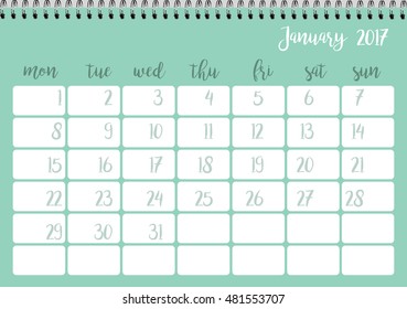 Desk calendar horizontal template 2017 for month January. Week starts Monday